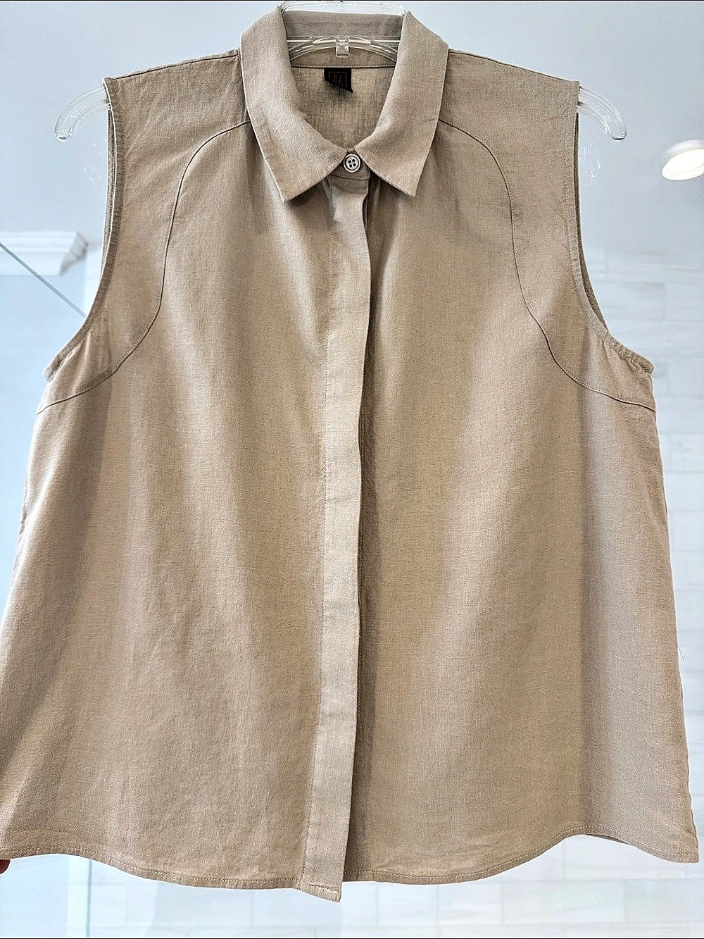 Beige / Cream Linen Sleeveless Button Front Top